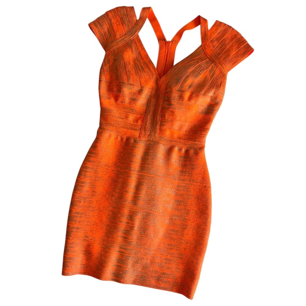 Mac Duggal Mini Cocktail Dress Orange Metallic Y2K Bandage Bodycon Womens Size 4